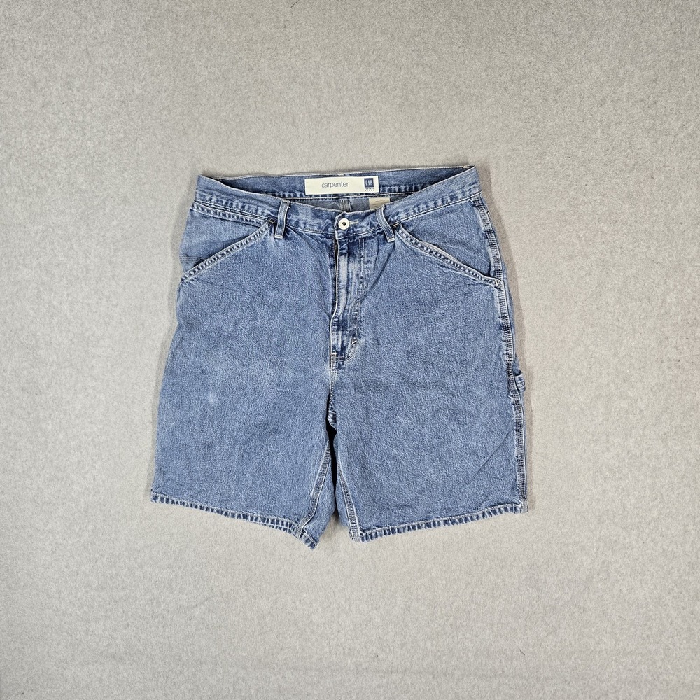 VINTAGE GAP Men Shorts W34 Blue Denim Cargo Shorts Carpenter Y2K Baggy Skater
